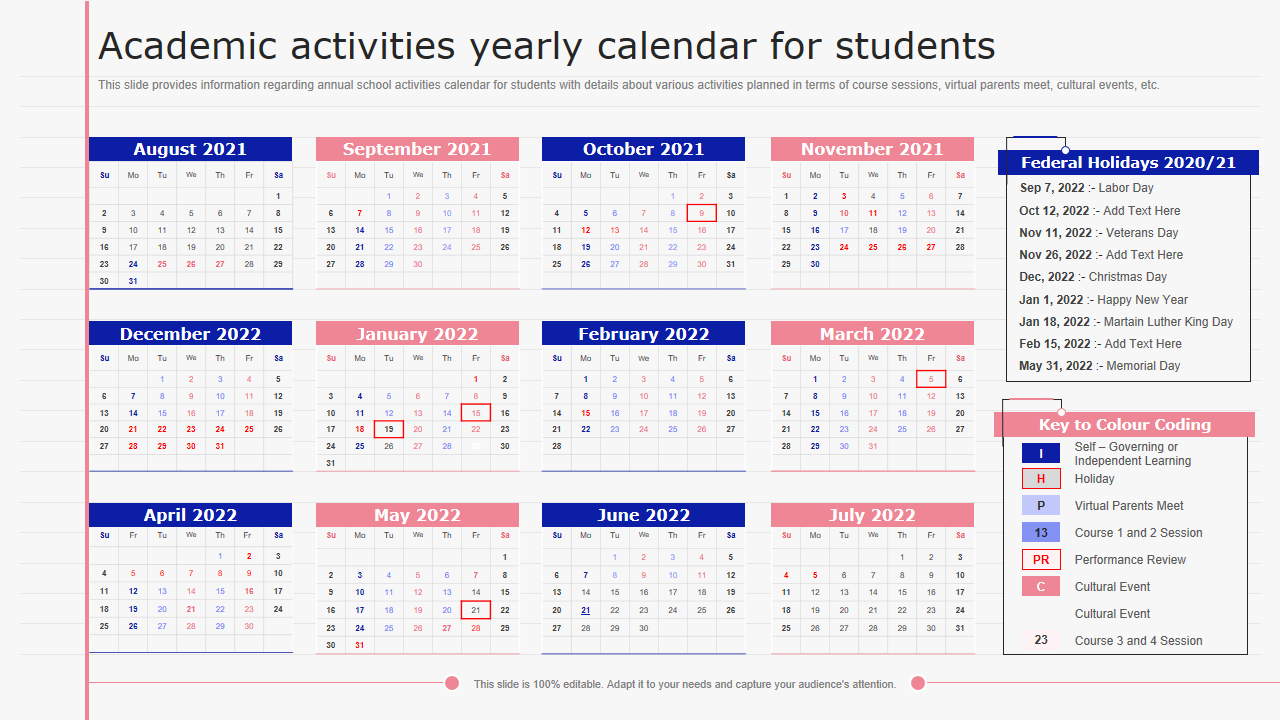 Academic activities yearly calendar for students 