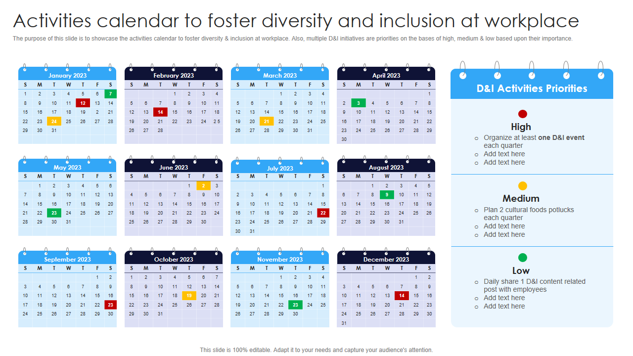 Activities calendar to foster diversity and inclusion at workplace 