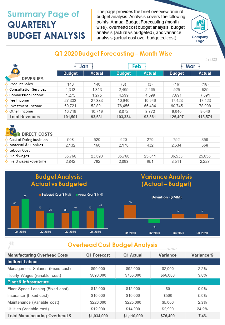 Annual Budget Analysis One-page Summary Template