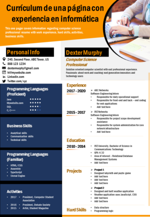 Curr&iacute;culum de una p&aacute;gina con experiencia en inform&aacute;tica 