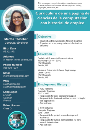 Curr&iacute;culum de una p&aacute;gina de ciencias de la computaci&oacute;n con historial de empleo 