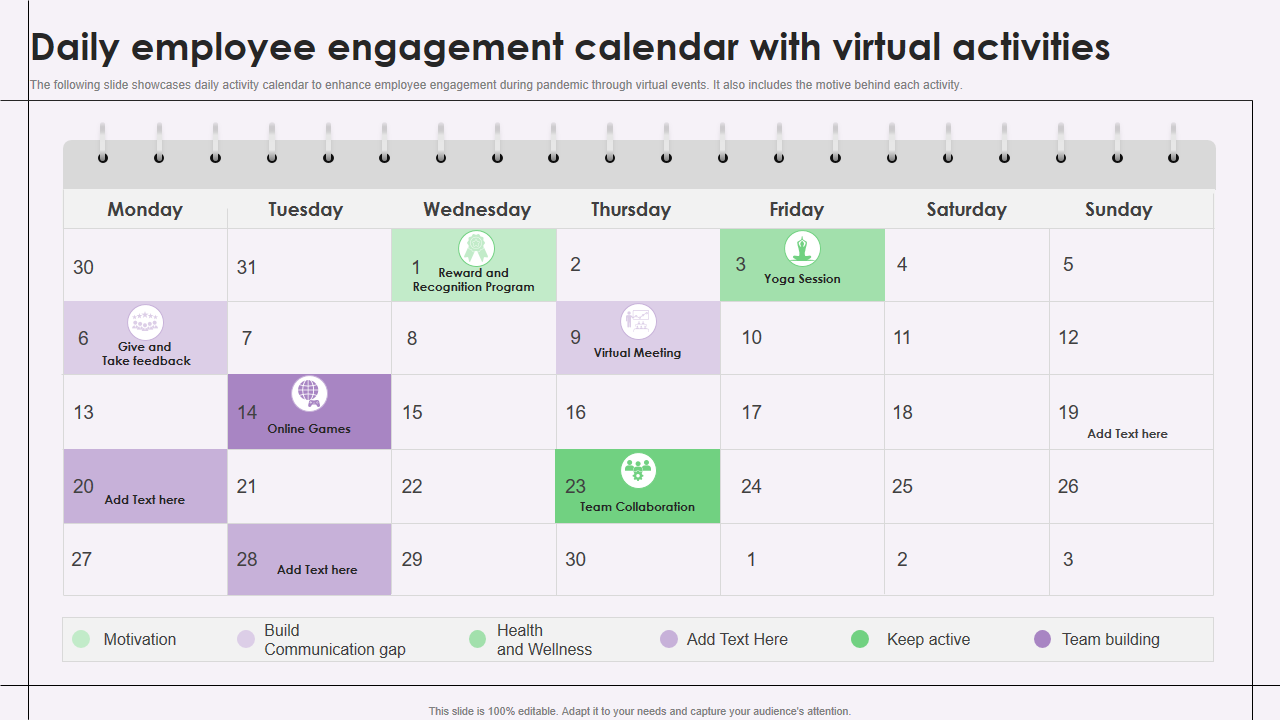 Daily employee engagement calendar with virtual activities 