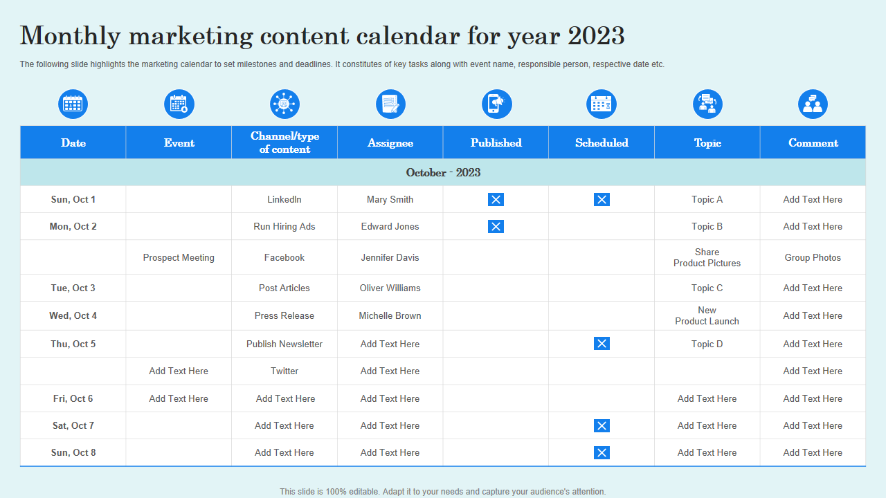Monthly marketing content calendar for year 2023 