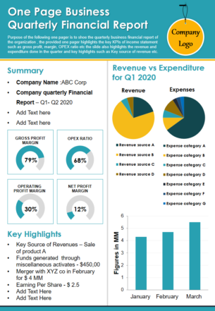 One Page Business Quarterly Financial Report 