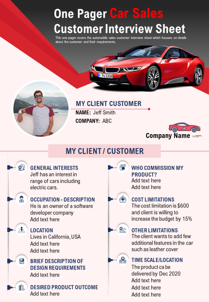 One-page Car Sales Customer Interview PPT Slide