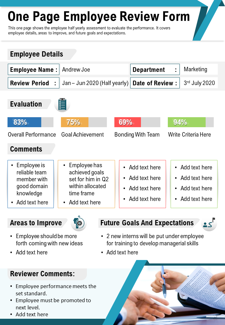 One-page employee review form presentation report