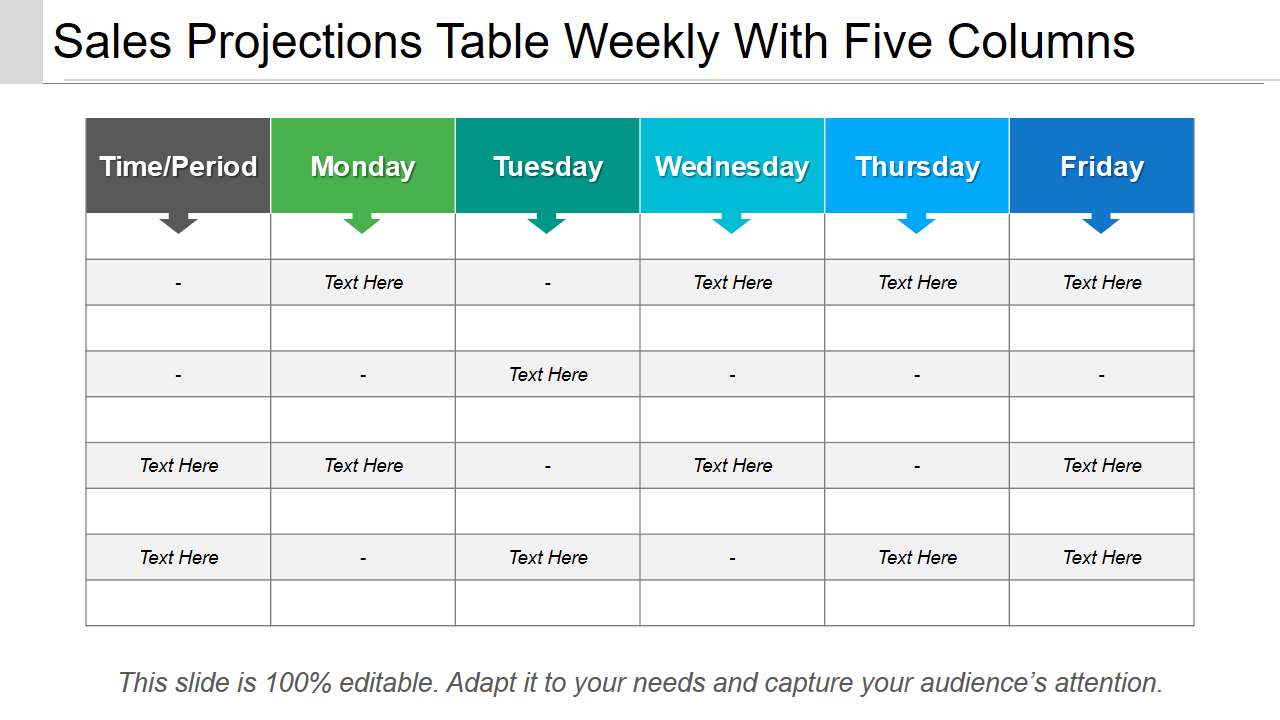 Sales Projections Table Weekly With Five Columns 