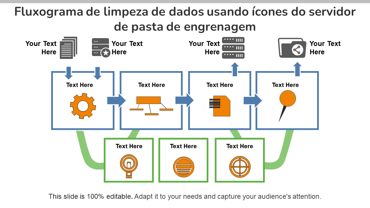 Fluxograma de limpeza de dados usando ícones do servidor de pasta de engrenagem Fluxograma de limpeza de dados usando ícones do servidor de pasta de engrenagem