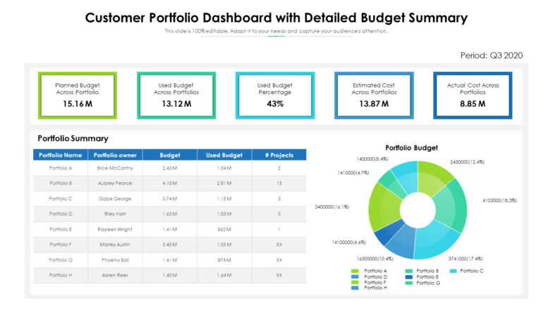 Customer portfolio dashboard with detailed budget summary