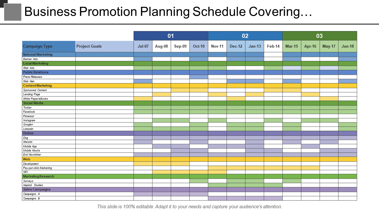Business promotion planning schedule covering campaign type with project goals Template
