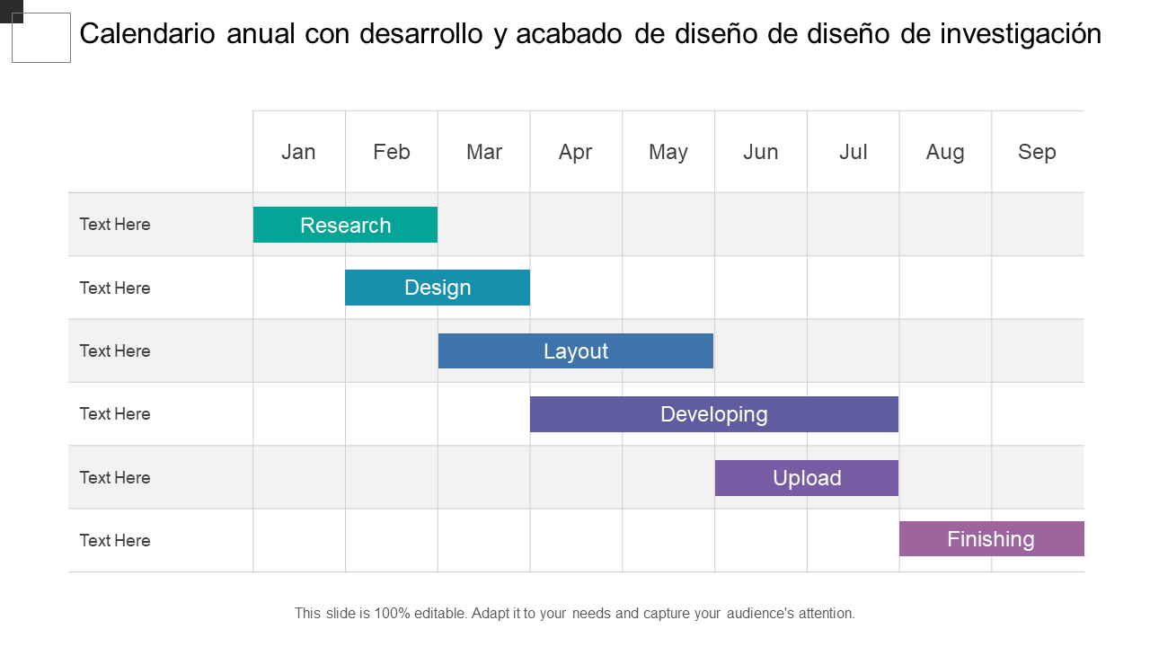 Calendario anual con desarrollo y acabado de diseño de diseño de investigación Calendario anual con desarrollo y acabado de diseño de diseño de investigación