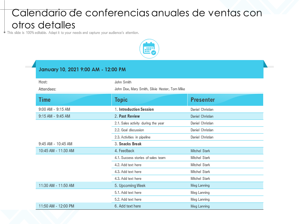 Calendario de conferencias anuales de ventas con otros detalles
