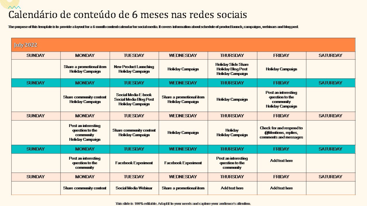 Calend&aacute;rio de conte&uacute;do de 6 meses nas redes sociais