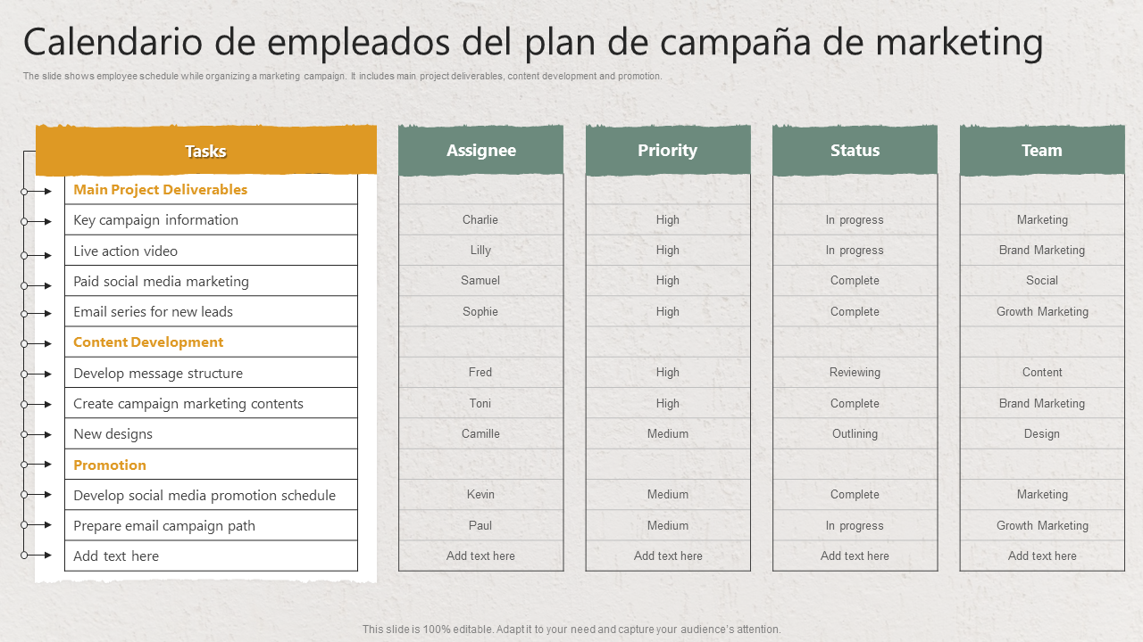 Calendario de empleados del plan de campaña de marketing Calendario de empleados del plan de campaña de marketing