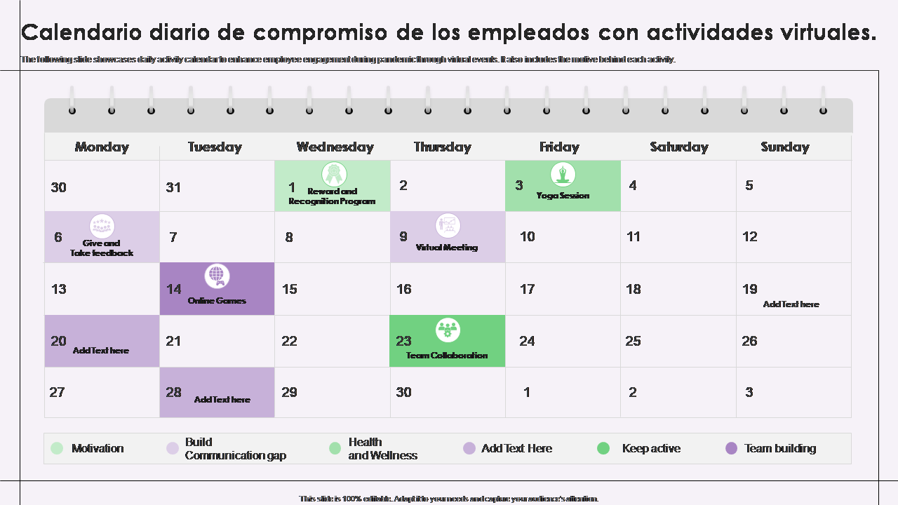 Calendario diario de compromiso de los empleados con actividades virtuales