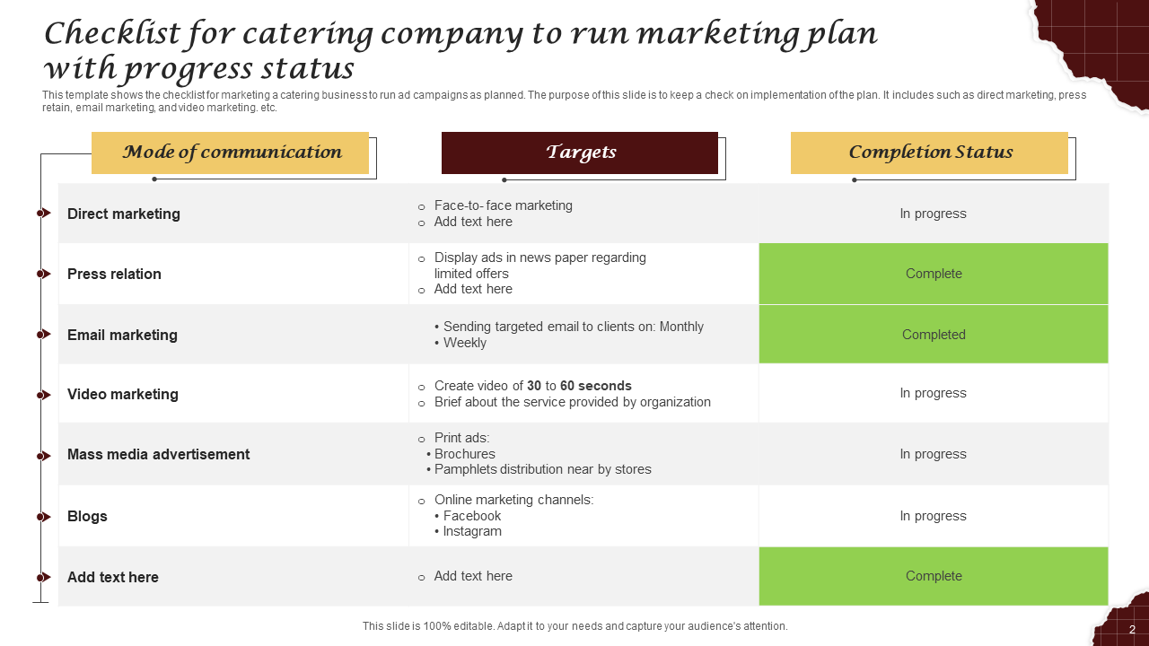 Catering Company Marketing Plan Checklist Template