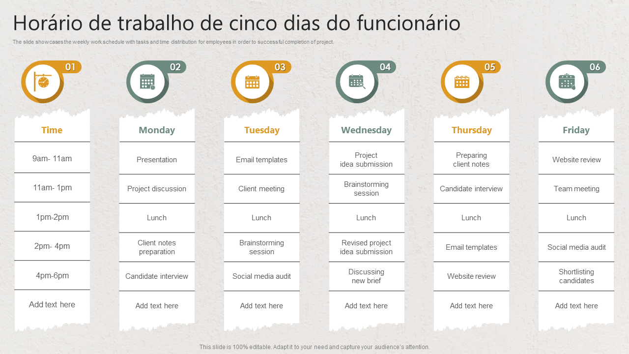 Horário de trabalho de cinco dias do funcionário Horário de trabalho de cinco dias do funcionário
