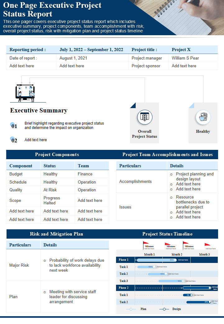 One Page Executive Project Status Report 