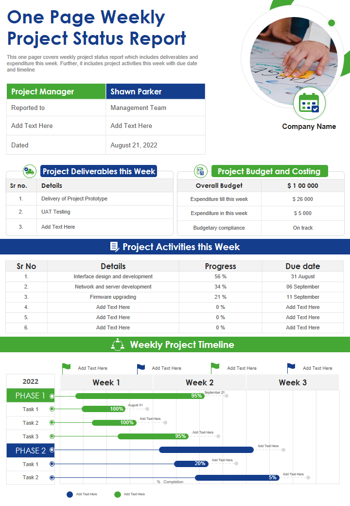 One Page Weekly Project Status Report 