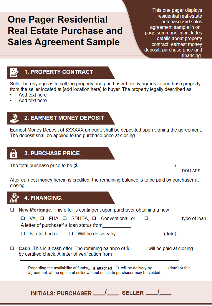 One Pager Residential Real Estate Purchase and Sales Agreement Sample 