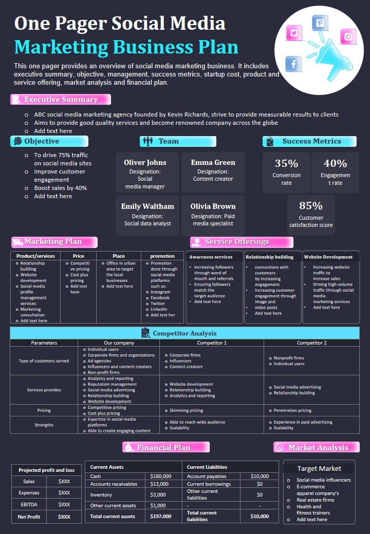 One Pager Social Media Marketing Business Plan 