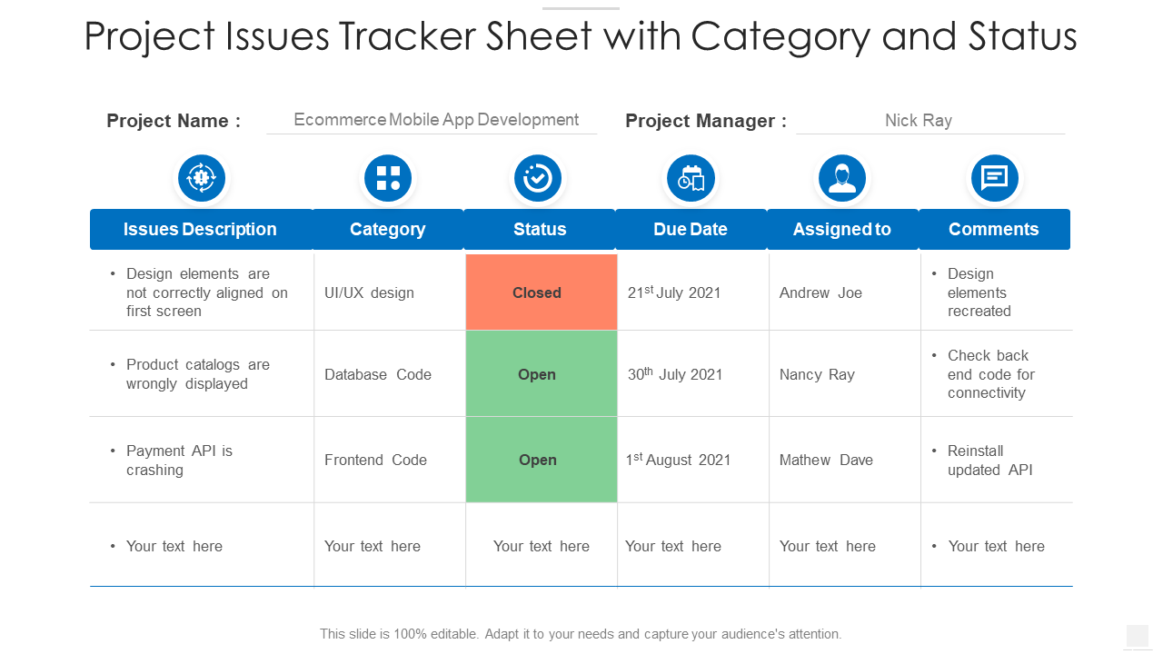 Project issues tracker sheet with category and status