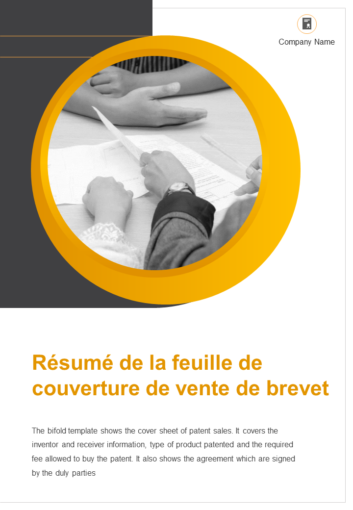 R&eacute;sum&eacute; de la feuille de couverture de vente de brevet 