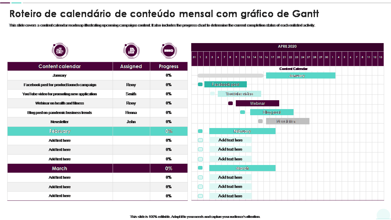 Roteiro de calend&aacute;rio de conte&uacute;do mensal com gr&aacute;fico de Gantt