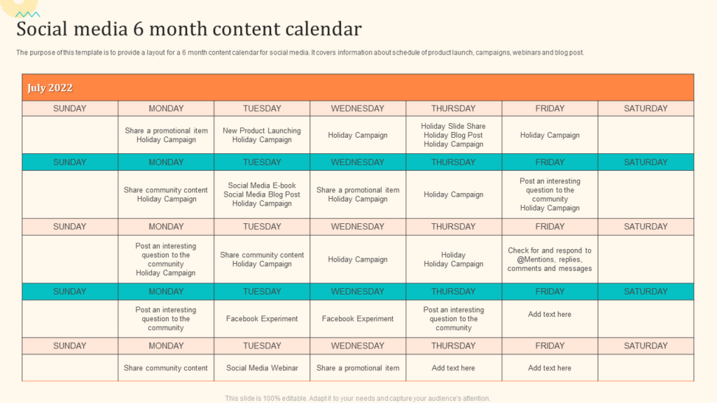 Social Media 6-month Calendar Template