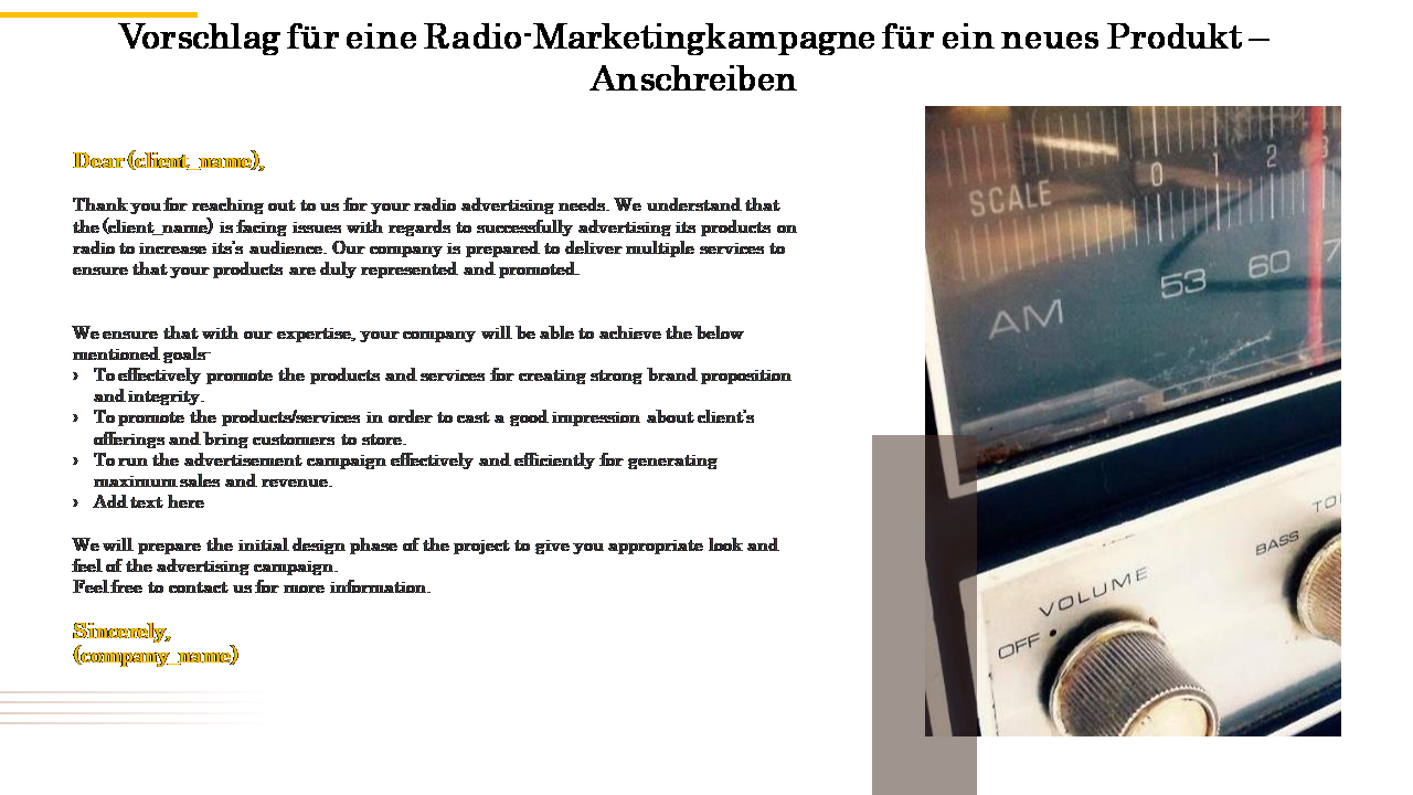 Vorschlag für eine Radio-Marketingkampagne für ein neues Produkt – Anschreiben