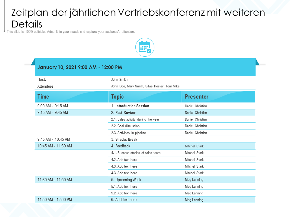 Zeitplan der jährlichen Vertriebskonferenz mit weiteren Details
