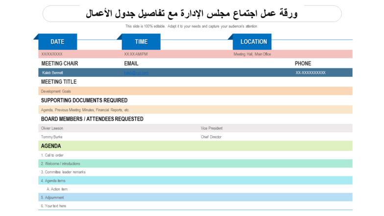 ورقة عمل اجتماع مجلس الإدارة مع تفاصيل جدول الأعمال ورقة عمل اجتماع مجلس الإدارة مع تفاصيل جدول الأعمال