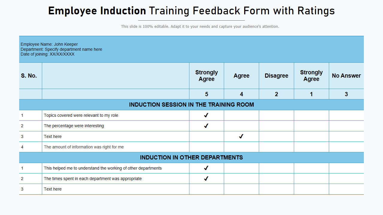 Employee Induction Training Feedback Form with Ratings