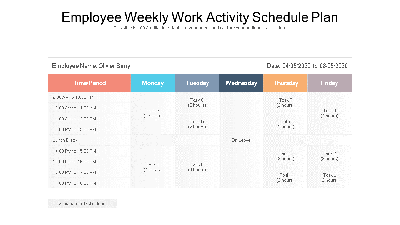 Employee Weekly Work Activity Schedule Plan 