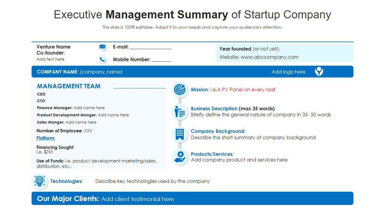 Executive Management Summary of Startup Company 