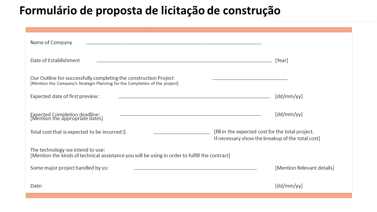 Formulário de proposta de licitação de construção 