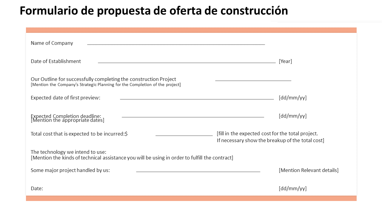 Formulario de propuesta de oferta de construcción 
