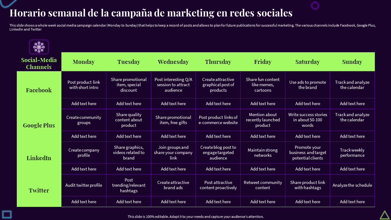 Horario semanal de la campaña de marketing en redes sociales 