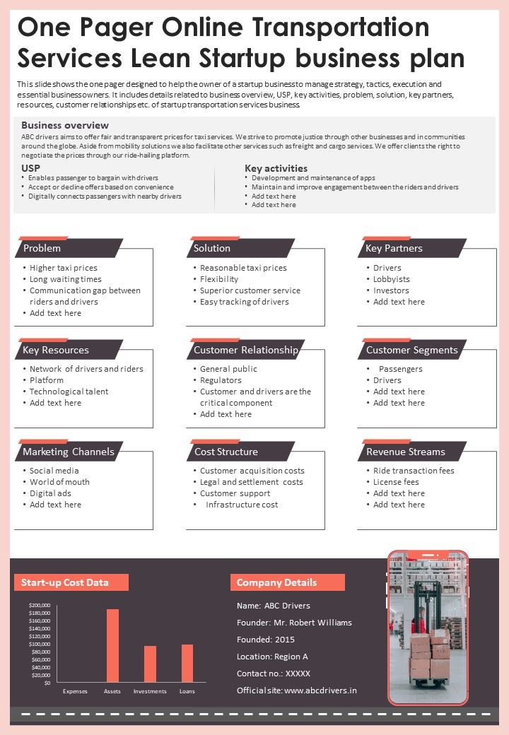 One-Pager Online Transportation Services Lean Startup Business Plan