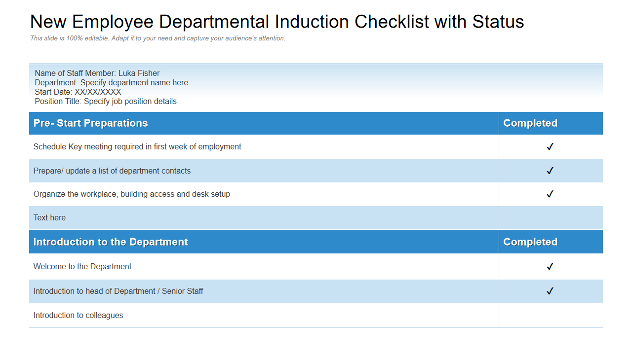 New Employee Departmental Induction Checklist with Status 