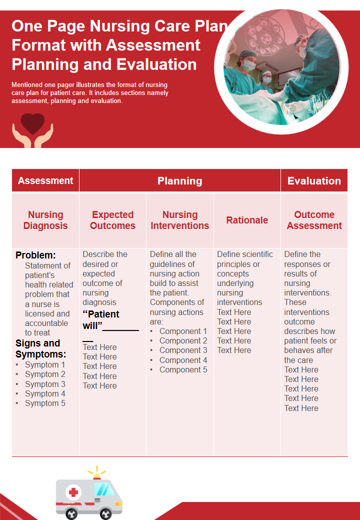 One Page Nursing Care Plan Format with Assessment Planning and Evaluation 