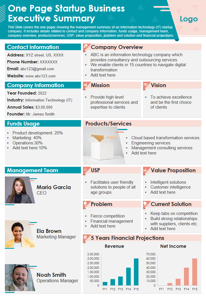 One Page Startup Business Executive Summary 