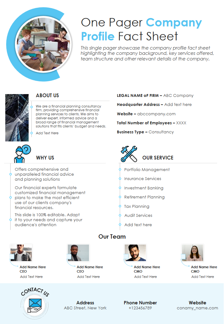 One Pager Company Profile Fact Sheet 
