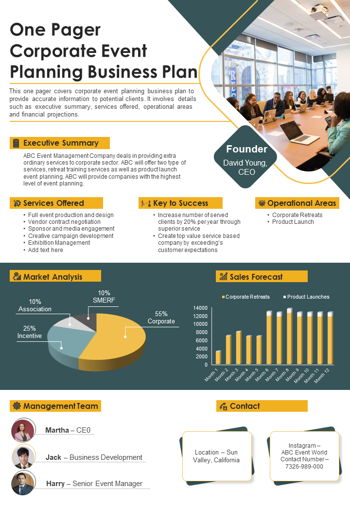 One Pager Corporate Event Planning Business Plan Presentation Report