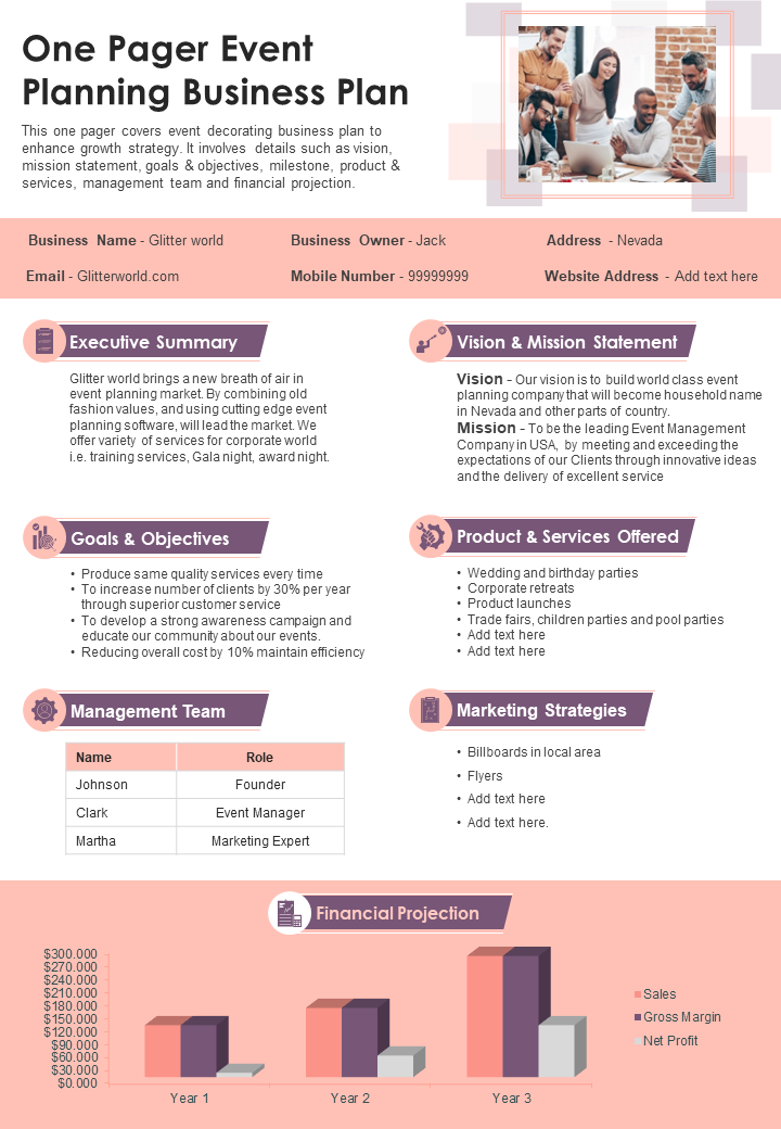 One Pager Event Planning Business Plan Presentation Report