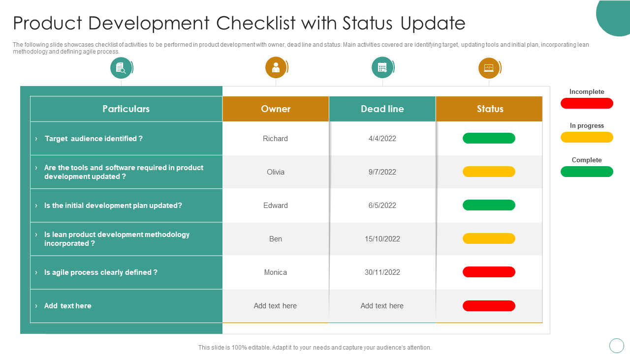 Product Development Checklist Template With Status Update