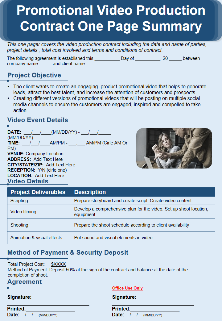 Promotional Video Production Contract One Page Summary 