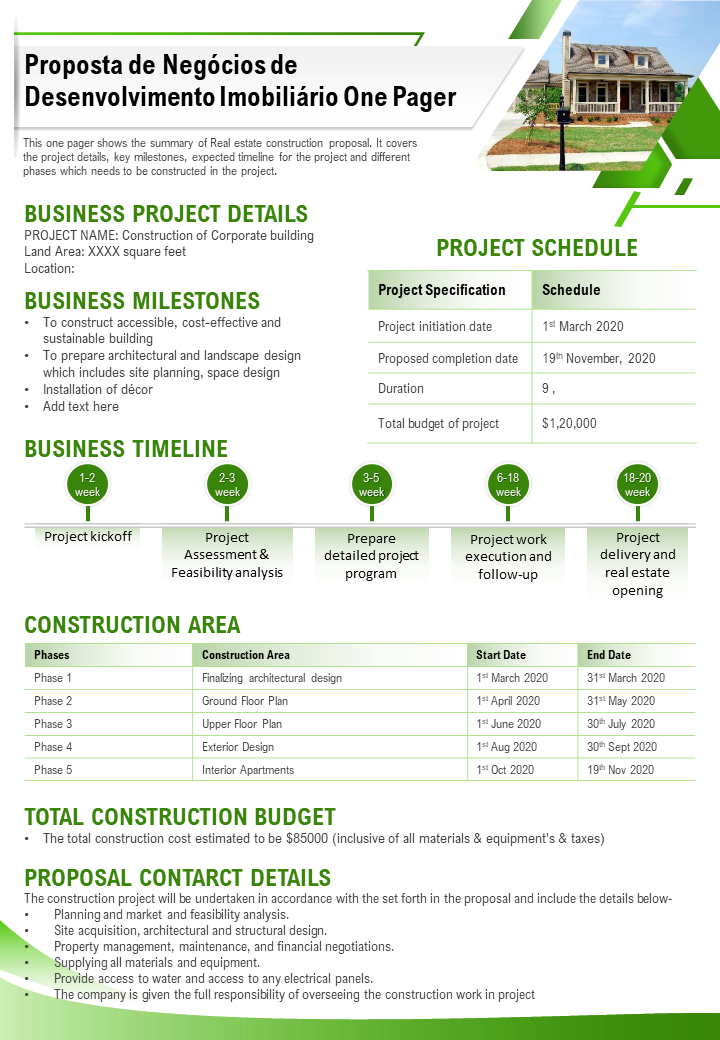 Proposta de Neg&oacute;cios de Desenvolvimento Imobili&aacute;rio One Pager