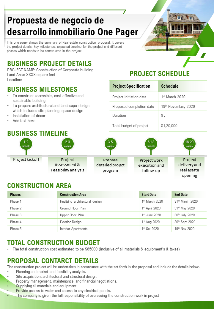 Propuesta de negocio de desarrollo inmobiliario One Pager