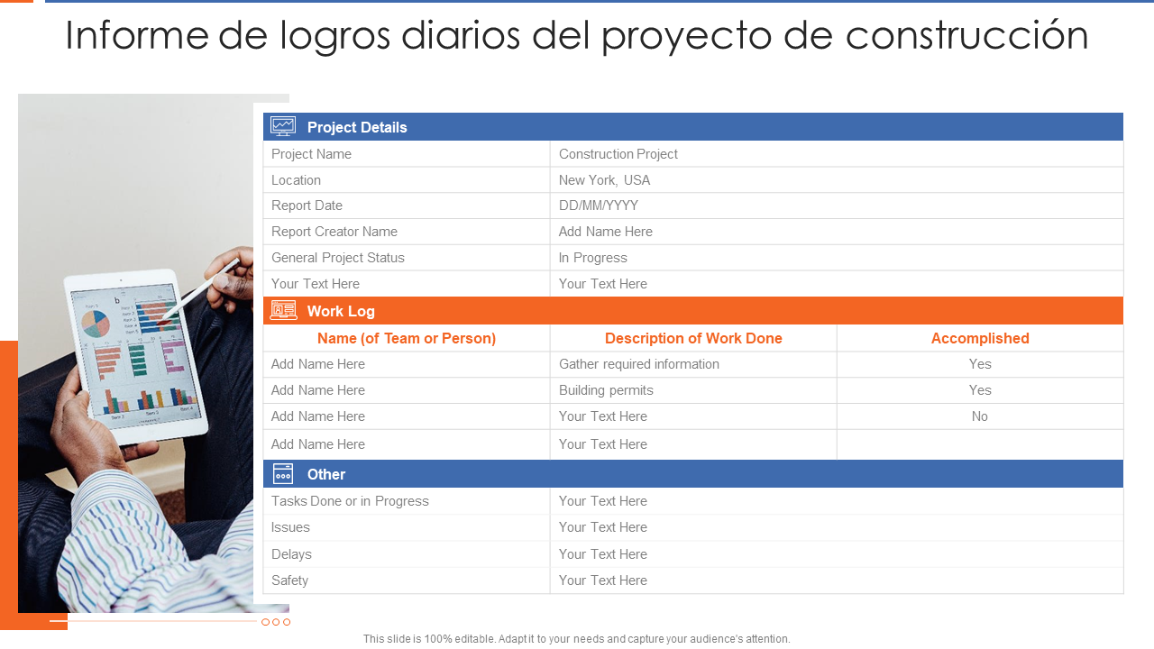 Informe diario de logros del proyecto de construcci&oacute;n